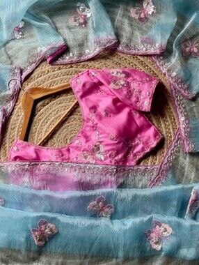 Embroidered Pink Blouse with Light Blue Organza  Saree